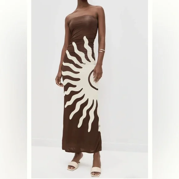 Revolve Cala de la Cruz Daphne Strapless Sunburst Mocca Maxi SideRuched Dress XS - Picture 2 of 8